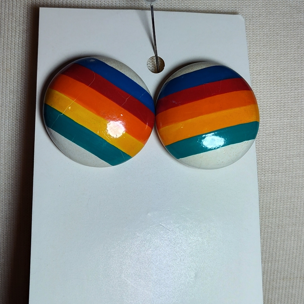 Colorful Rainbow Striped Button Earrings Green White. NWOT